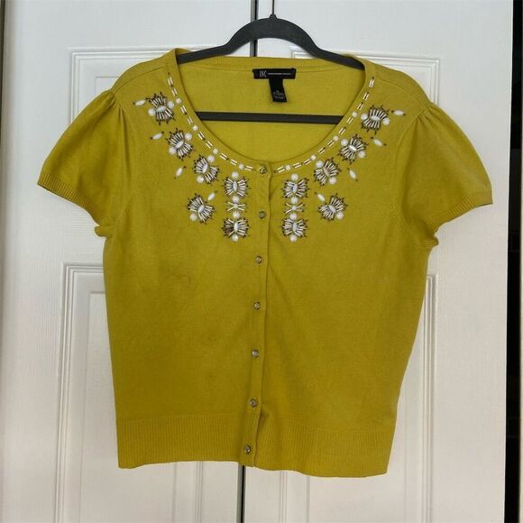 INC International Concepts Sweaters - INC Women's Beaded Cardigan XL Yellow Short Sleeve Button-Up Sweater